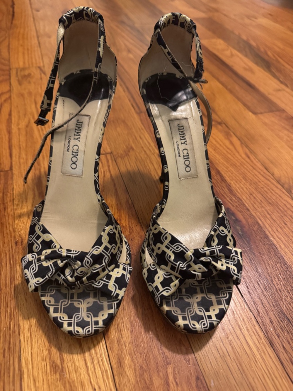 Jimmy Choo Black & Cream Knotted Ankle-Strap Patterned Heels